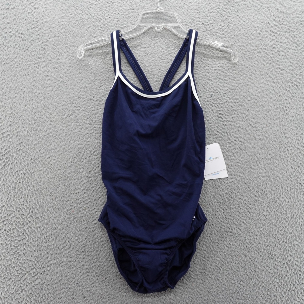 Dolfin Reliance Women Navy Blue White Trim V-Back One Piece Swimsuit Size 40 NEW